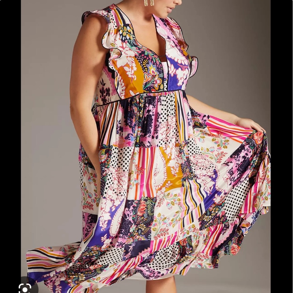 Anthropologie patchwork ruffled midi floral polka dot paisley beautiful